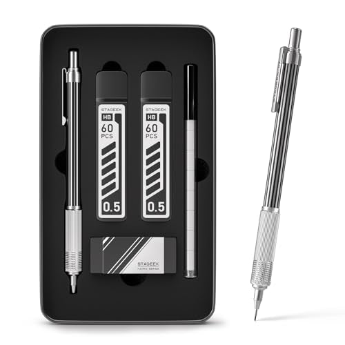 STAGEEK 0.5mm Mechanical Pencil with Metal Gift Case, 1PCs Metal Mechanical Pencil with 120PCS HB Lead Refills,4B Erasers and 9PCS Eraser Refills, for Writing Drafting Drawing and Sketching(Silver) - color: Silver（0.5mm）