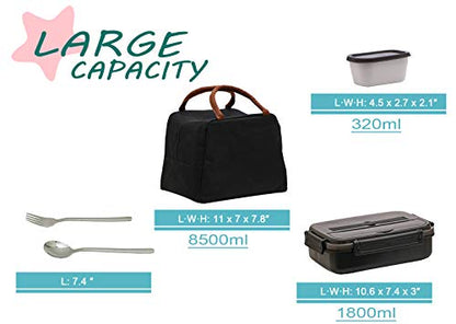 MINCOCO Bento Lunch Box Leak-proof Eco-Friendly Bento Box Food Storage Containers with Large Lunch Bag, Sauce Jar, Stainless Spoon&Fork for Adults Women Men Kids (Classic Black) - color: Classic Black