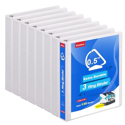 COMIX Heavy Duty 0.5 inch Slant-D Ring View Binder, 1/2 inch 3 Ring Binders, Hold 125 Sheets of 8.5" x 11" Paper, 8 Pack (White) - color: White, size: 1/2 inch, style: 8 Pack