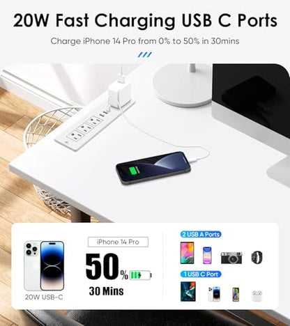 Recessed Power Strip with PD 20W USB-C, Flush Mounted Drawer Outlet, 4 Outlets & 3 USB Ports, Conference Desktop Built in Power Strip, 6FT Extension Cord(White) - size: 6FT, style: 20W-2A1C-White