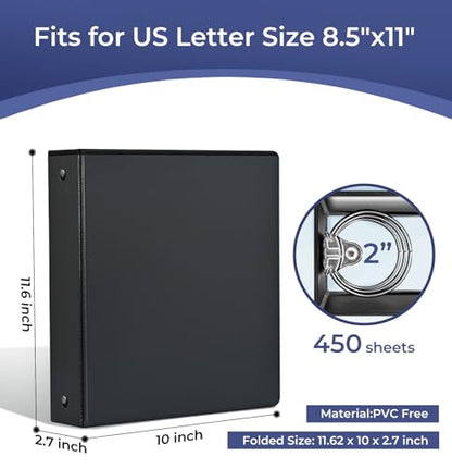 1-1/2'' 2-Inch 3-Ring Binder with Pockets, Premium View Binders with Three Ring Binders Holds up to 200/325/450 Sheets US Letter Size, Bulk Pack of 6 (2-inch Black) - size: 2-inch Black