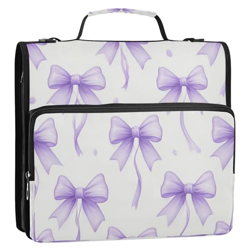 Caikeny 3 Ring Zipper Binder Cute Bowknot Lavender Purple Bow 1.5 inch Binders Bag Coquette Expanding File Pockets with Shoulder Strap and Handle - color: Multicolored 1z83.19