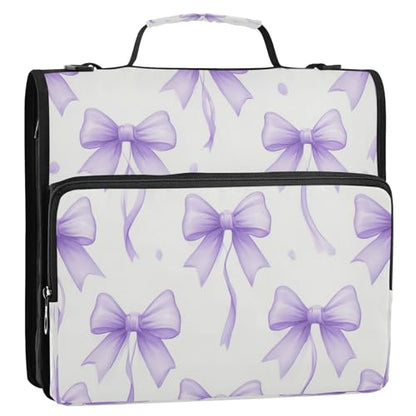 Caikeny 3 Ring Zipper Binder Cute Bowknot Lavender Purple Bow 1.5 inch Binders Bag Coquette Expanding File Pockets with Shoulder Strap and Handle - color: Multicolored 1z83.19