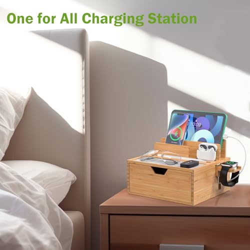Pezin & Hulin Bamboo Charging Station with Power Charger & Cables-Black | Nightstand Docking Station with Lined Tray & Drawer for Multi Device, Compatible with Tablet, Cell Phones, Watch & Earbuds - color: #1 Bamboo (With Charger)