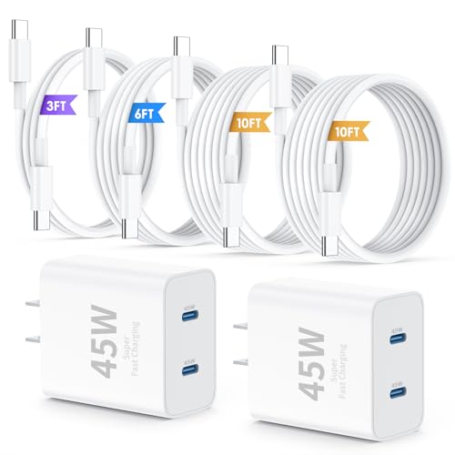 QZIIW iPhone 17 16 15 Pro Max Charger Fast Charging,45W Dual Port USB C Fast Charger Block [2-Pack] & Extra Long 60W 3/6/10/10FT USB C Cable - PD Quick Adapter 3.0 for iPhone 16 15 17/16 15 17 Pro. - color: White, size: 3FT+6FT+10FT+10FT
