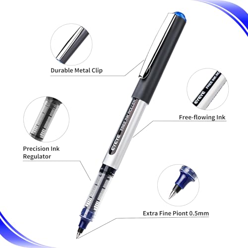 EYEYE 0.5mm Rollerball Pens Blue, 50 Pack Extra Fine Point Liquid Ink Roller Ball Pen Quick Dry, Blue Ink Pens Fine Point Smooth Writing Pen for Journaling, Note Taking, Office, School Supplies - color: Blue
