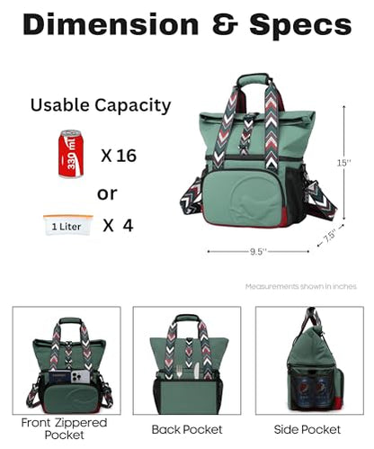 SUNNY BIRD Dual Compartment Lunch Bag Insulated Lunch Box for Women and Men (Green with boho strap) - color: Green with boho strap
