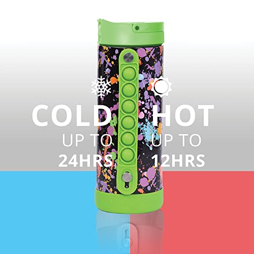 Elemental Iconic Kids Water Bottle with Straw Lid & Stress Relief Pop It Handle, Leak-Proof When Closed, Triple Insulated Kids Stainless Steel Water Bottle For Girls and Boys, 14oz -Green Splatter - color: Green Paint Splatter, size: 14 Ounces