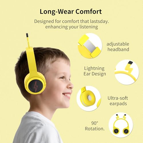 Wireless Kids Headphones with 7-Color LED Lights, 85dB Safe Volume & 40H Playtime – Ultra-Soft Over-Ear for School Travel - color: Yellow