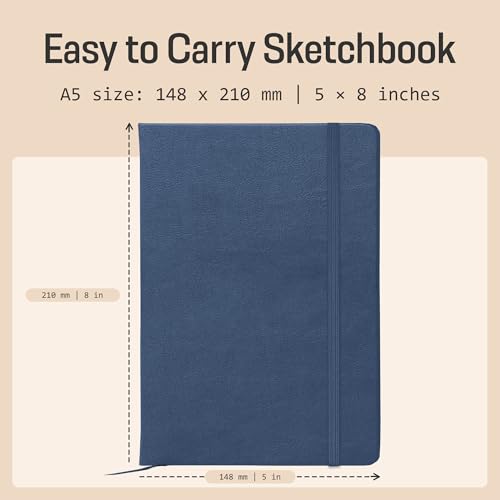 BROWNSTONE JOURNALS A5 Sketch Book Hardcover - 80 Sheets 100 GSM Paper 5"x8", Lay Flat, Vegan Leather Cover, Elastic Band, Back Pocket, Art Drawing Book (Symphony Blue) - color: Symphony Blue, size: A5 (5" x 8")