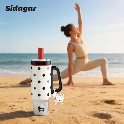 36oz Insulated Tumbler with Handle, Stainless Steel Water Bottle, Leak-Resistant Travel Coffee Mug with Push Button Lid, Cup Holder Friendly for Tea & Daily Use, White - color: Retro Polka Red
