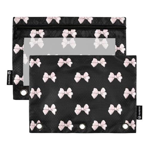 Pencil Pouch for 3 Ring Binder Beautiful Pink Bows Black 2 Pack Clear Window Pencil Bags with Zipper Pencil Case - color: Multicolored 7