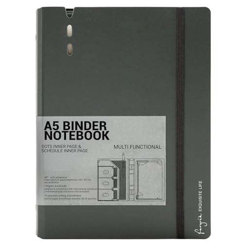 CAGIE A5 Binder 6 Ring Notebook with Dividers Refillable Planner Binder with Pockets, Refill Paper Include Planning Square Ruled and Dotted Pages, 6.89 x 9.25 In, (Grey, A5 Daily&Dot Page) - color: Grey