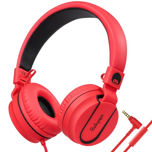 rockpapa 950 Wired Headphones for Kids Girls Boys for School Classroom with Microphone, On-Ear Foldable Corded Headphones with Jack 3.5mm for Laptop Computer Tablet Chromebooks Black Red - color: Red/Black