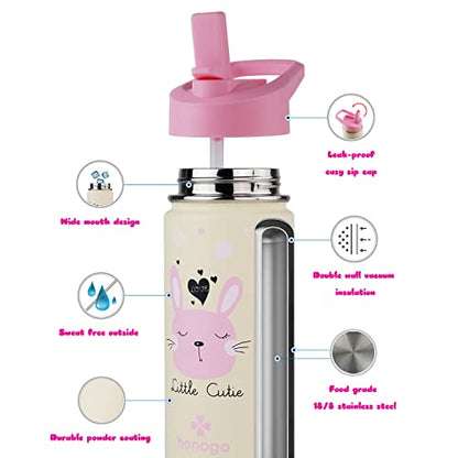16 oz Stainless Steel Insulated Kids Water Bottle, Leak Proof Metal Thermal Flask with Straw lid, Cute Toddler Tumbler Cup for School Girls & Boys (Pink, Bunny) - color: Pink, Bunny