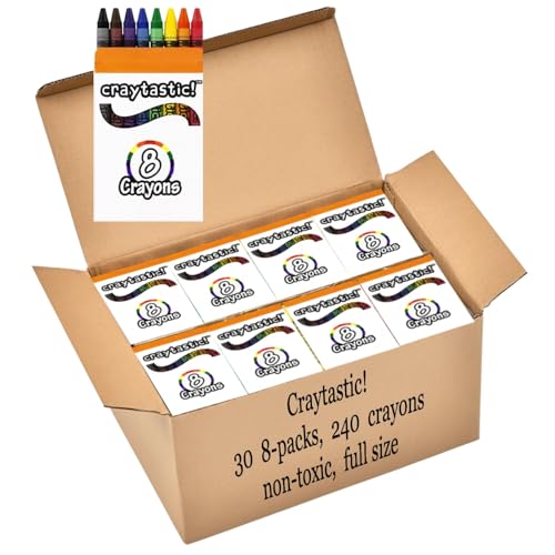Craytastic! Bulk Crayons, 30 Individual Boxes of 8 colors/count Class Pack - Full Size, Premium (Red, Yellow, Green, Blue, Purple, Brown, Black) Safety Tested Comliant With ASTM D-4236