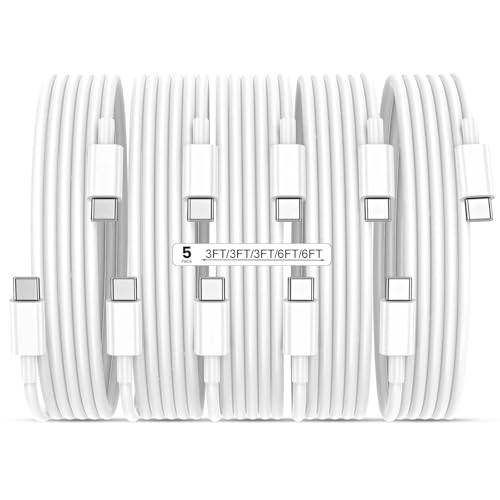 USB C to USB C 60W Fast Charging Cable 5-Pack [3ft+3ft+3ft+6ft+6ft] White | for Car, Desk, Bed & Couch Daily Use; Wide Compatibility with iPhone 17/16/15, iPad, MacBook Air, Samsung S24/S25 & Pixel