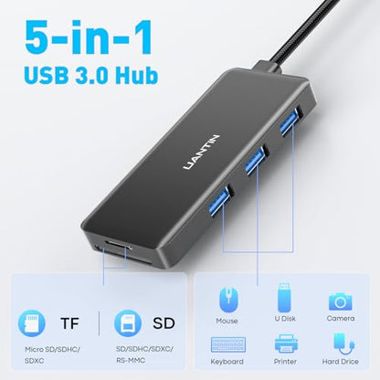 UANTIN USB Hub for Laptop | 5-Port USBA Splitter with 3*USB-A 3.0 and SD/TF Card Reader 2FT Braided Nylon Cable, Multi-Port USB Extender for PC, MacBook, Mac mini, Surface, Desktop