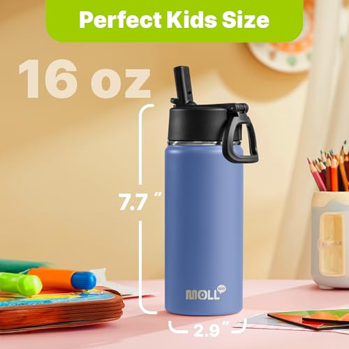 Kids Insulated Water Bottle with Straw-16 oz Stainless Steel Double Wall Vacuum Wide Mouth Water Bottle for School-Metal Travel Water Flask with Silicone Boot (Royal Blue) - color: Royal Blue, size: 16 Ounces