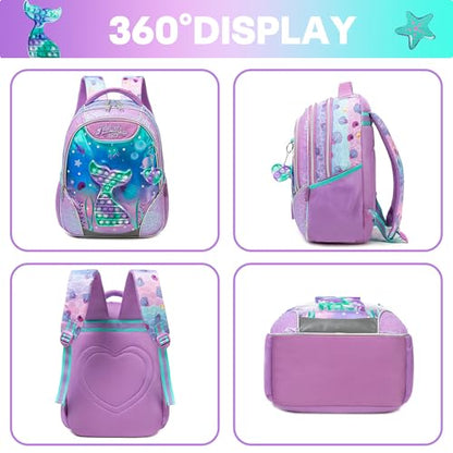 Backpack for Girls Elementary Preschool Kids Lunch Box for School - color: Mermaid Purple