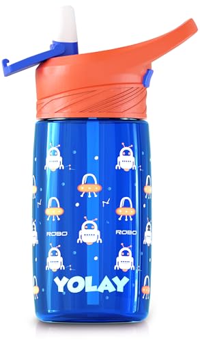 YOLAY 15oz Kids Water Bottle For School Boys and Girls, Durable Toddler Water Bottle with Straw Lid Leak-Proof, Spill Proof, Easy Clean and Dishwasher Safe with Re-Usable and BPA Free - Robo - color: Robo
