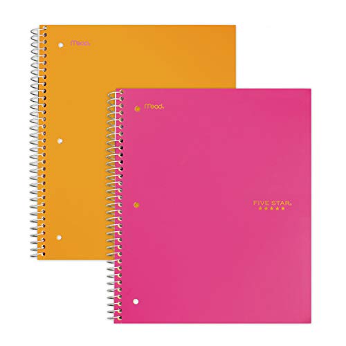 Five Star Spiral Notebooks, 3 Subject, Wide Ruled Paper, 150 Sheets, 10-1/2" x 8", Orange, Pink, 2 Pack (38428) - color: Orange/Pink