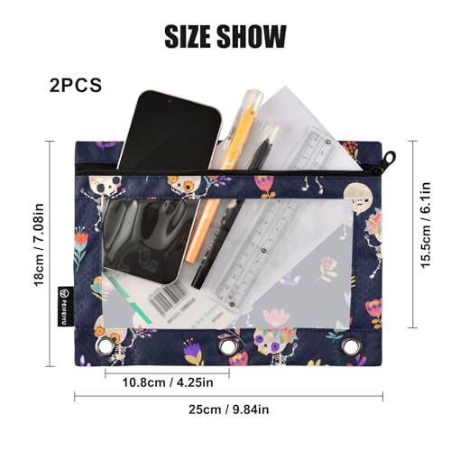 ZAZYXTJ Skull Binder Pencil Pouchs 3 Ring with Zipper Clear Window | Office Organizers bag for School Students Teacher Supplies 2 Pack - color: Skull