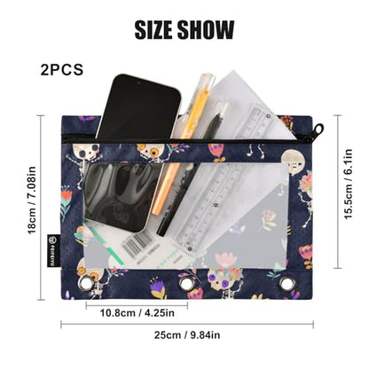 ZAZYXTJ Skull Binder Pencil Pouchs 3 Ring with Zipper Clear Window | Office Organizers bag for School Students Teacher Supplies 2 Pack - color: Skull
