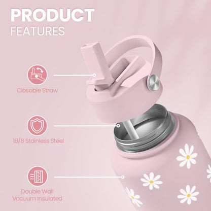 SANDJEST Daisy Water Bottle Stainless Steel 32oz Insulated with Lid, Flower Water Bottles Gifts for Women Girls Friends Teens Birthday Christmas - color: Daisy