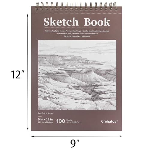 Crehatos 9" x 12" Sketch Book, Top Spiral Bound Sketch Pad, 100 Sheets 68lb/100gsm Drawing Paper, 1 Pack | Top Spiral Bound Sketch Pad, 68lb/100gsm Drawing Paper for Dry Media - size: 9" x 12" (1 Pack)