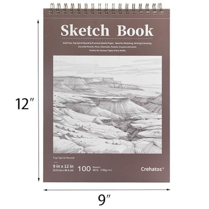 Crehatos 9" x 12" Sketch Book, Top Spiral Bound Sketch Pad, 100 Sheets 68lb/100gsm Drawing Paper, 1 Pack | Top Spiral Bound Sketch Pad, 68lb/100gsm Drawing Paper for Dry Media - size: 9" x 12" (1 Pack)