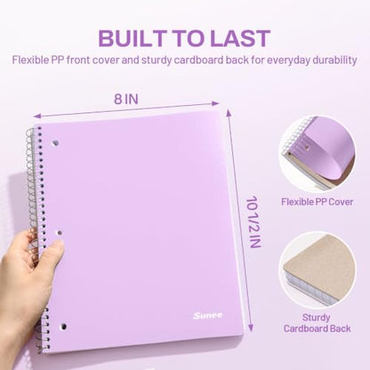 SUNEE Spiral Notebook, 1-Subject, College Ruled Paper, 8" x 10-1/2", 100 Sheets per Notebook, 3-Hole Punched Paper, Water Resistant Cover, Double-sided Pockets, Spiral Lined Notebooks for Work, Purple - color: Purple