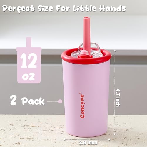Gencywe Kids Stainless Steel Cups with Straws and lids | 12 oz Spill-Proof Sippy Smoothie Tumbler Set, Small Kids Snack & Drink Water Cups, BPA-Free, Dishwasher Safe, with Box (Age: 3+ years old & up) - color: Pink