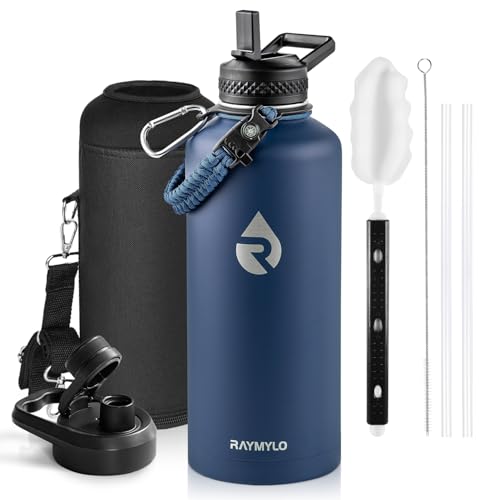 RAYMYLO Insulated Water Bottle 87 oz, Triple Wall Vacuum Stainless Steel (Cold for 48 Hrs), Leak Proof & Non-BPA, Modern Water Flask Jug with Paracord Handle & Straw Spout Lids, Navy Blue - color: Dark Blue, size: 87 Ounces