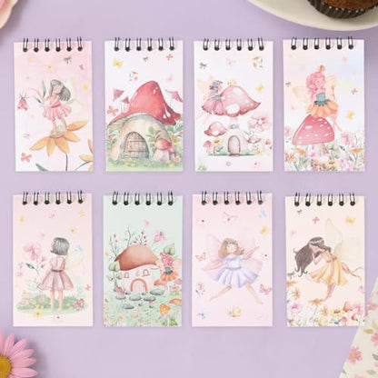 8 Pcs Mini Flower Fairy Spiral Notebooks 3.9 x 2.4 Inch, Mixed Colorful Mushroom House Elf Design Journal Lined Memo Pad, Portable Coil Notepads for Kids Birthday Party Classroom Gifts Supplies - color: Flower Fairy