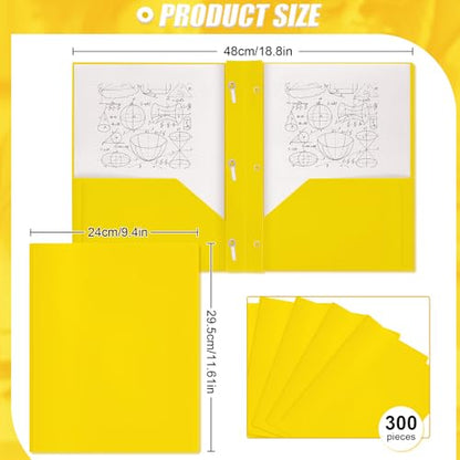 Yeaqee 300 Pack Plastic Folders with Prongs Heavy Duty Plastic 2 Pocket Folder with 3 Prongs, Business Card Slot for Back to School Office Home 11.6 x 9.5 Inch (Yellow) - color: Yellow