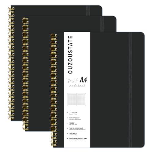 Spiral Graph Notebook(Pack of 3) 8.5” x 11”, A4 Black Grid Paper Notebook, 120 Pages 100GSM Thick Large Graphing Notebook，Hardcover Spiral Notebook Journals for Work School Engineering - color: black, style: Graph