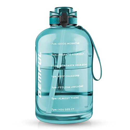 GEMFUL 3 Liter Water Bottle with Straw 101oz BPA-Free Leakproof Time Marker Handle for Gym Sports Large Motivational Jug for Men Women (Cyan with Removable Straw) - color: 3L Cyan with Straw
