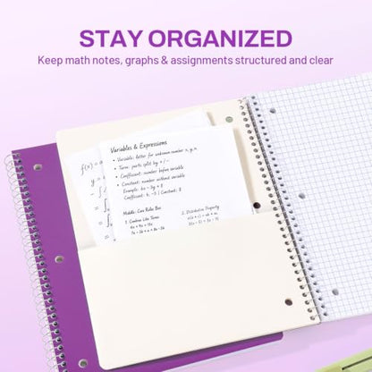 SUNEE Spiral Notebook, 1-Subject, Graph Ruled Paper, 8" x 10-1/2", 100 Sheets per Notebook, 3-Hole Punched Paper, Water Resistant Cover, Spiral Grid Notebooks for Work, Home, School, Dark Purple - color: Dark Purple