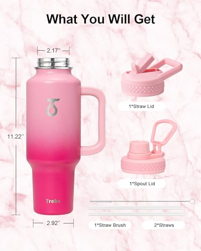 Trebo Insulated Water Bottle 40oz Fits in Car Cup Holder with Side Handle | Stainless Steel Metal Tumbler with Straw Spout Lids, Triple-Wall Vacuum Copper Plated, Cold 48 Hrs Hot 24 Hrs for Travel, Gym - color: Pink, size: 40 Ounces