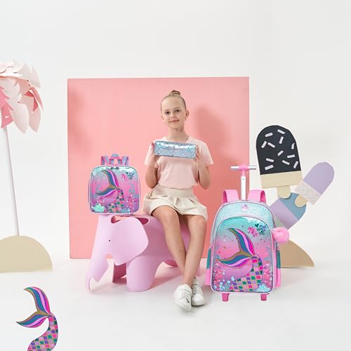 Mermaid Rolling Backpack for Girls with Lunch Box Kids Backpack with Wheels for School Cute Kids Rolling Backpacks for Girls Kindergarten - color: Pink Blue Mermaid