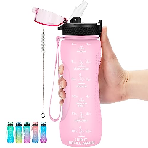 24 OZ Motivational Kids Water Bottle With Time Marker,Straw Lid,Leak Proof, Tritan BPA Free Sports Water Bottle Pink(1 Lid) - color: Pink