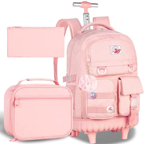 CCJPX Rolling Backpack for Girls Women, 21 inch Roller Wheels School Bookbag, Wheeled Suitcase Backpacks with Lunch Bag for Teen - Pink - color: Pink