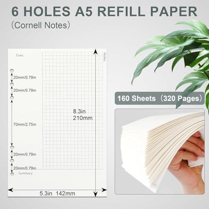 Toplive Cornell A5 Filler Paper, A5 Refill Papers 6 Ring Cornell Notes Loose Leaf Papers, 160 Sheets Refillable Inserts Paper Notes Taking System for Office School College Study - style: 2Pack Cornell Notes