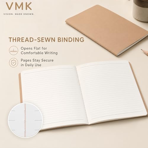 VMK 100 Pack A5 Wide Ruled Lay Flat Notebooks Bulk, Kraft Brown Softcover | 30 Sheets/60 Pages Each, Thread-Sewn Binding, 80gsm Paper, 4 Bundles of 25 for Schools, Programs, and Large Groups - color: Kraft