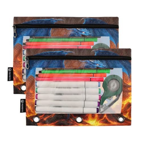 Gredecor 3 Ring Binder Pencil Pouch, Blue Dragon Glowing Eyes Zippered Pen Case Pouches with Clear Window, 2 Pack Stylish Office & School Supplie - color: Blue Dragon Glowing Eyes