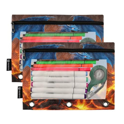 Gredecor 3 Ring Binder Pencil Pouch, Blue Dragon Glowing Eyes Zippered Pen Case Pouches with Clear Window, 2 Pack Stylish Office & School Supplie - color: Blue Dragon Glowing Eyes