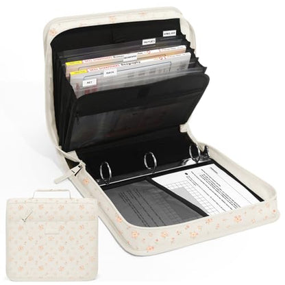 Zipper Binder with Handle, 1.5 Inch O-Ring, 325 Pages Capacity, with 5-Tab Expanding File Folder for Classified Storage, for Middle School Students, Pink Little Flower - color: Pink Little Flower