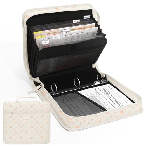 Zipper Binder with Handle, 1.5 Inch O-Ring, 325 Pages Capacity, with 5-Tab Expanding File Folder for Classified Storage, for Middle School Students, Pink Little Flower - color: Pink Little Flower
