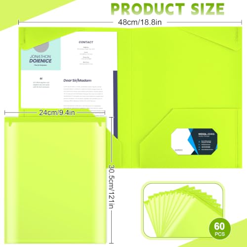 Henoyso 60 Pack Plastic Folders with Clear Front Pockets Bulk Heavy Duty File Folders with 2 Pockets and Card Slot for Student Teacher Back to School Supplies Office Presentation (Fluorescent Green) - color: Fluorescent Green